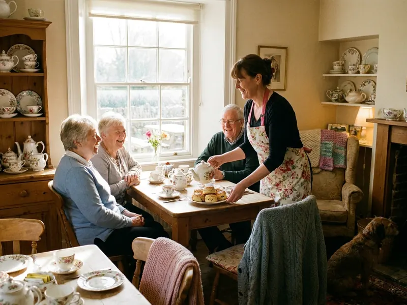 A smiling woman in an apron serves tea and scones to elderly customers in a traditional British tearoom.