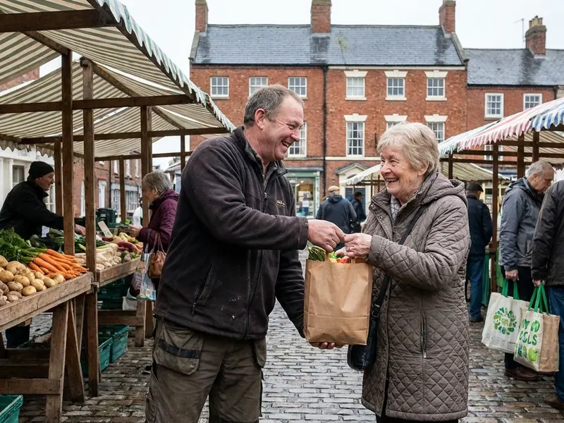 A smiling stallholder hands a paper bag of fresh vegetables to an older woman customer at an outdoor market.